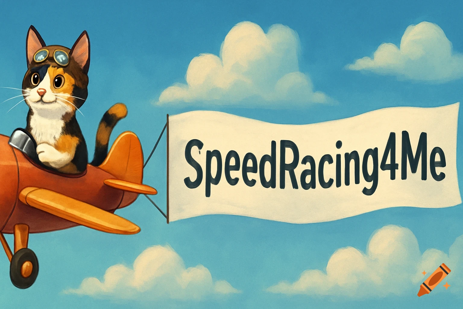 A cartoon calico cat in a pilot hat flies an airplane pulling a banner with the text 'SpeedRacing4Me'.