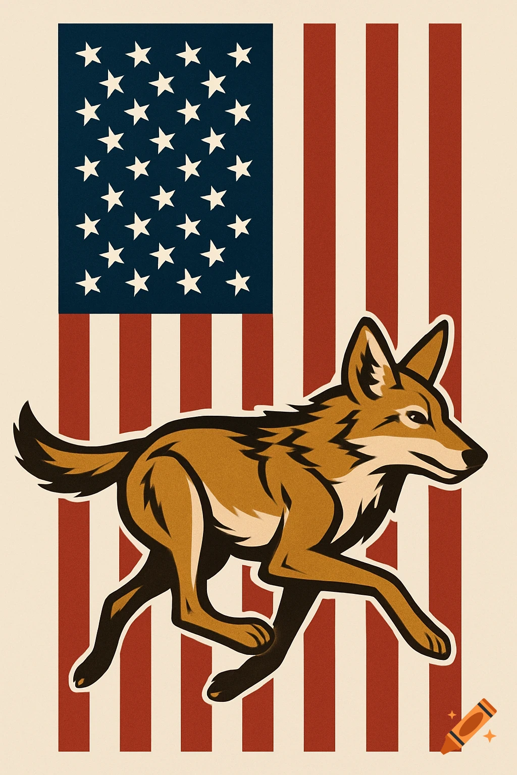Stylized illustration of a running coyote in front of a vertical US flag.