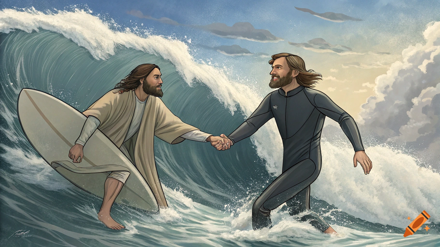 Jesus surfing a wave with another man, shaking hands in an illustration style.