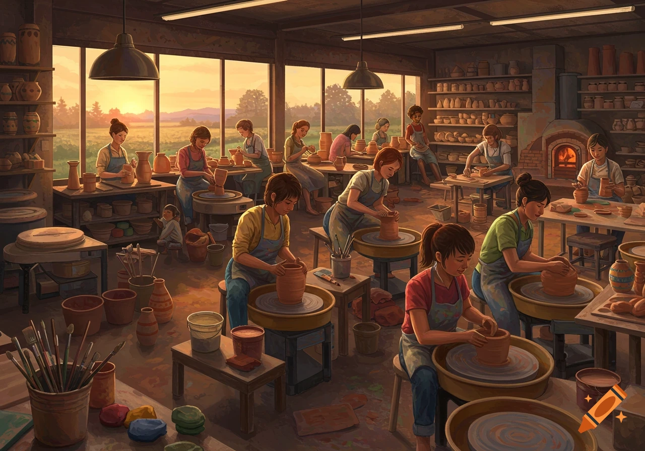 A busy pottery studio with people working at pottery wheels, surrounded by pots and tools, illuminated by warm light.