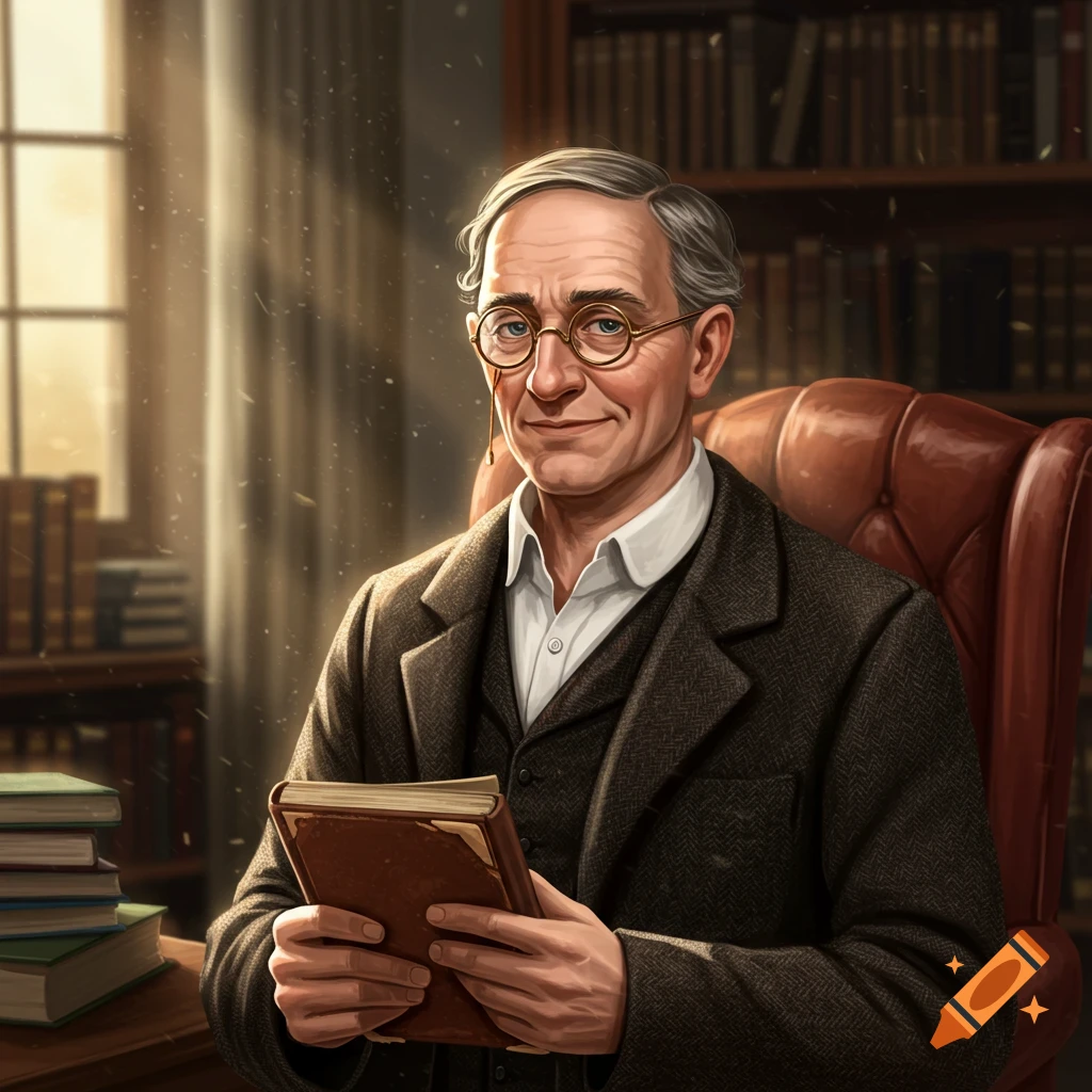 Older man with glasses sits in a library chair, holding a book, sunlight streaming in.