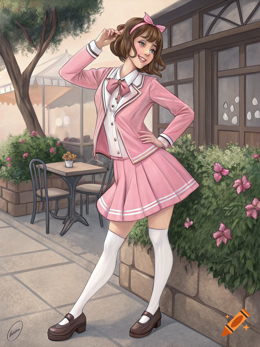 Anime illustration of smiling woman in pink school uniform outside cafe