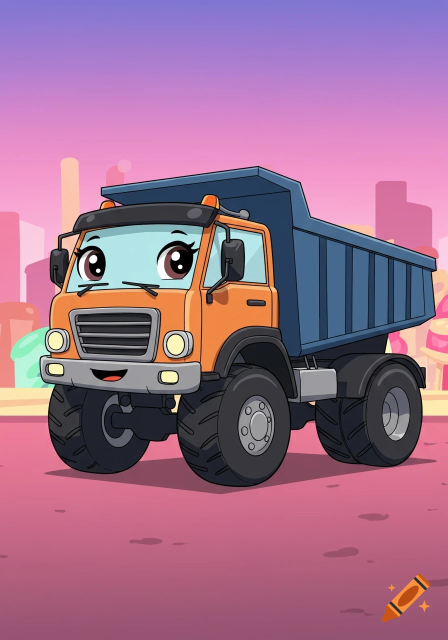 A cartoon dump truck with big eyes, set against a pink and purple sky.