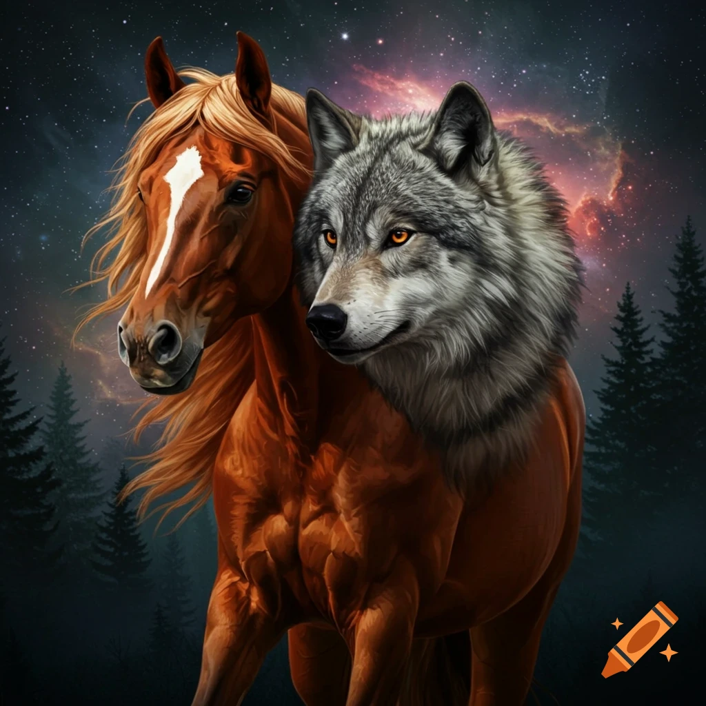 Horse body with a wolf head standing in a forest under a starry, cloudy sky