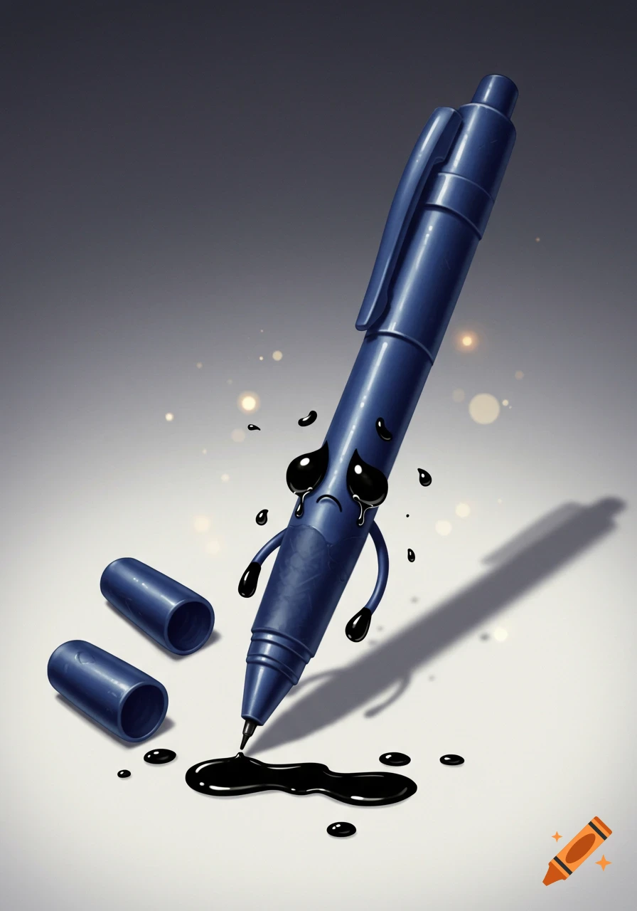 A sad blue cartoon pen crying black ink onto a surface, with two pen caps nearby.