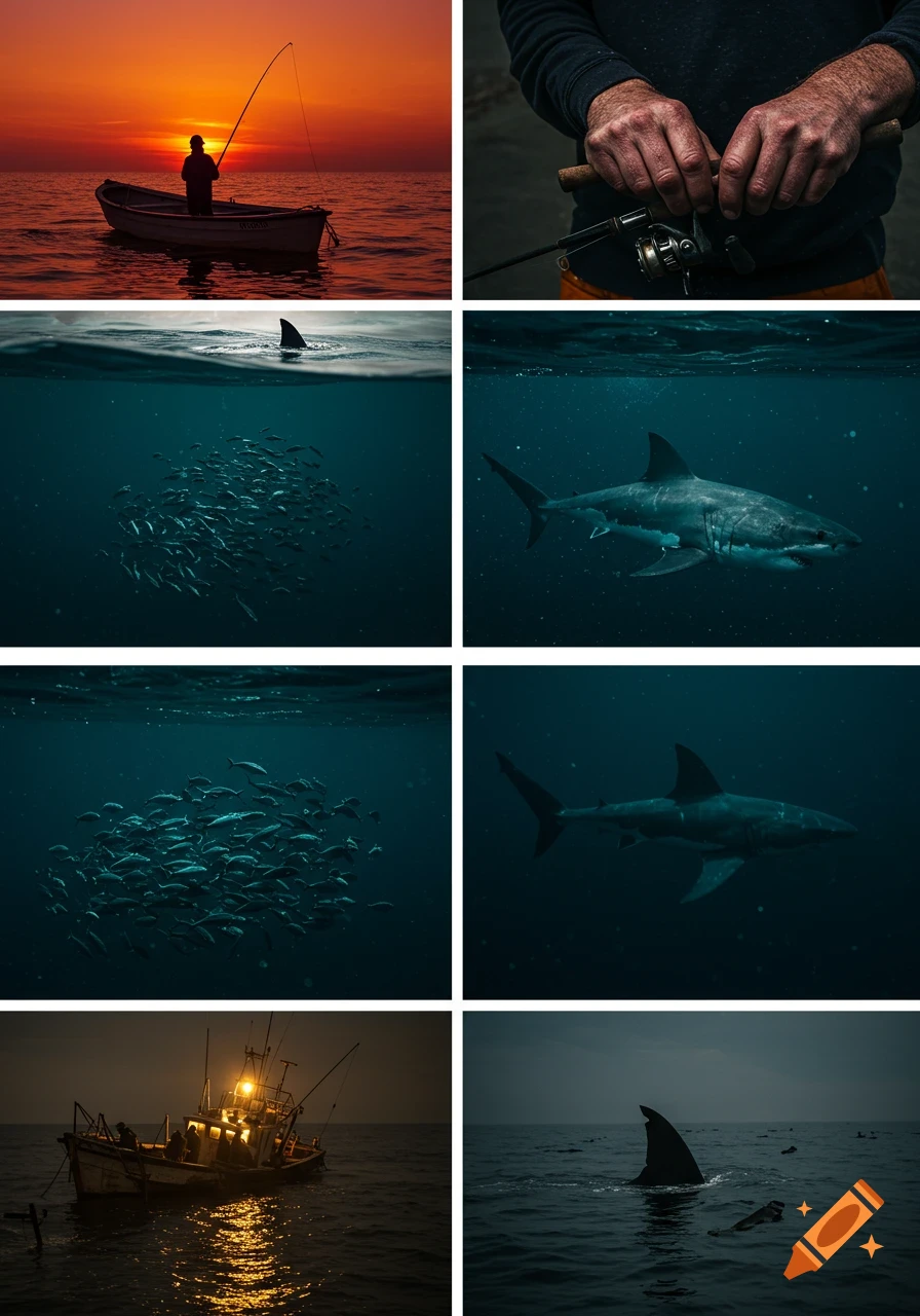 Eight panels showing fishing from a boat at sunset, hands on a fishing rod, schools of fish, sharks underwater, and boats.