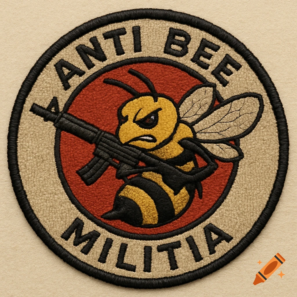 An embroidered circular patch featuring a cartoon bee with a rifle and the text 'ANTI BEE MILITIA'.