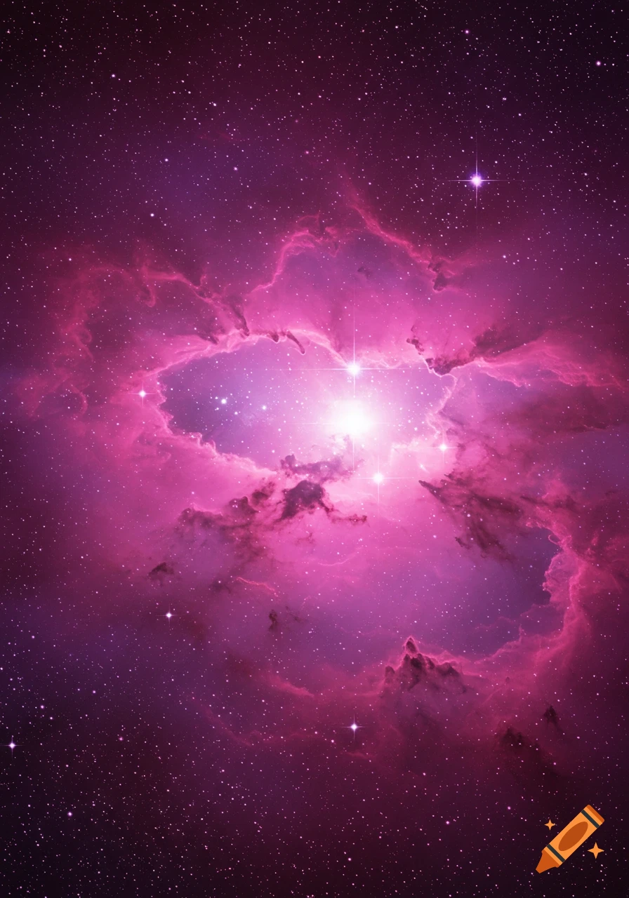 A vibrant pink and purple nebula in space with many stars and a bright central light.
