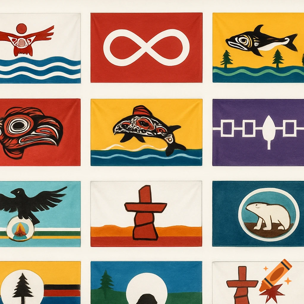 Grid of diverse flags or banners with symbols representing indigenous cultures, including infinity symbol, stylized animals, inukshuk.