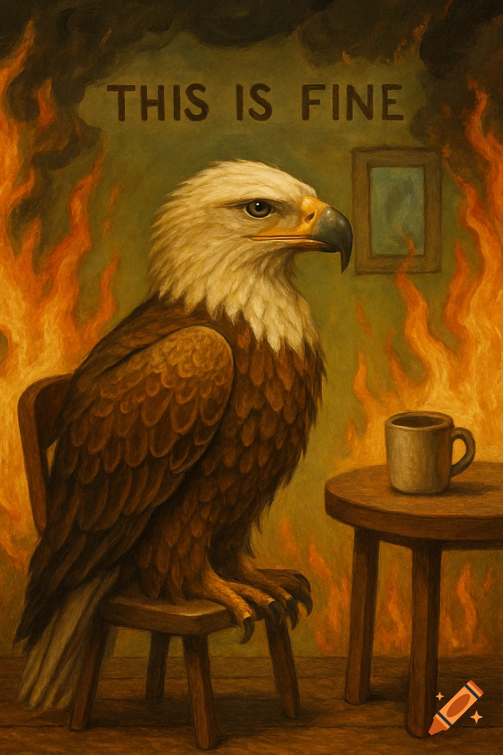 An eagle sits at a table with coffee in a burning room with 'THIS IS FINE' on the wall.
