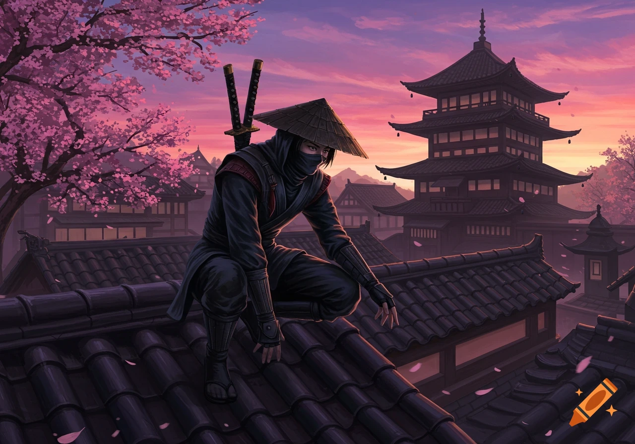 A ninja crouches on a tiled rooftop amidst cherry blossoms at sunset, overlooking a traditional Japanese town and pagoda.