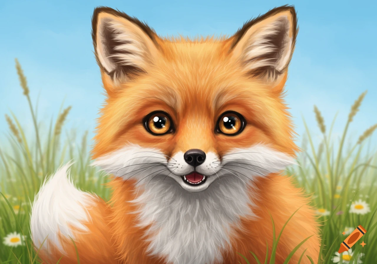 A cute cartoon-style fox looks directly at the viewer in a grassy field with a blue sky.