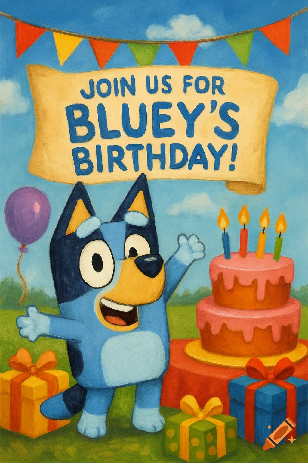 Bluey celebrates a birthday party with cake, presents, and a banner.