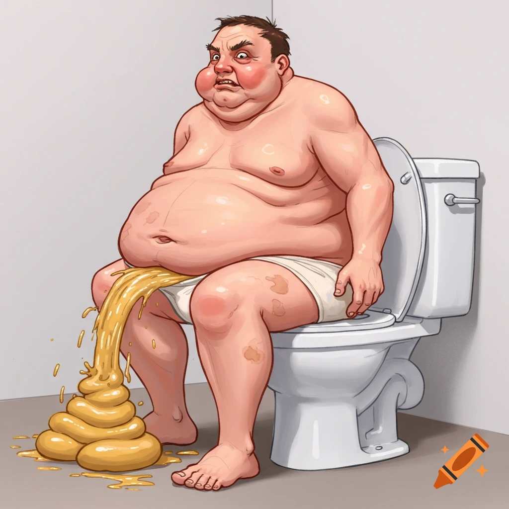 Cartoon illustration of a very overweight man sitting on a toilet with a large pile of yellow excretion on the floor.