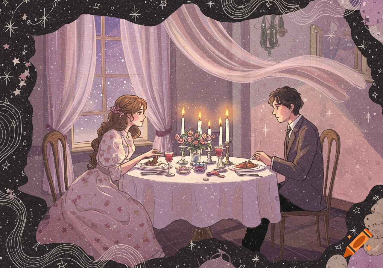 Couple having a romantic candlelit dinner in a room with a window, in a dreamy illustration style with stars.