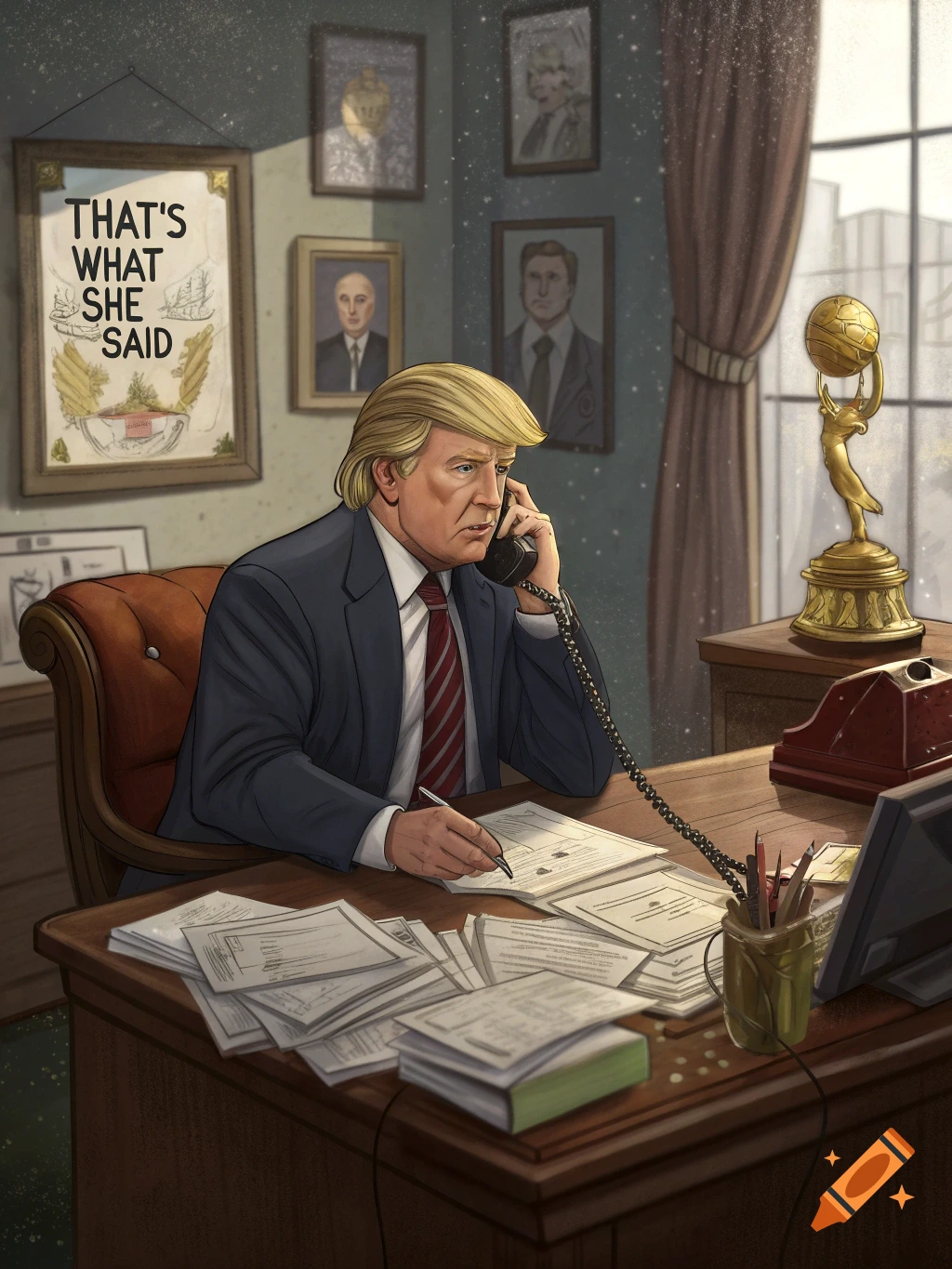 Illustration of Donald Trump on phone in office with 'THAT'S WHAT SHE SAID' poster.