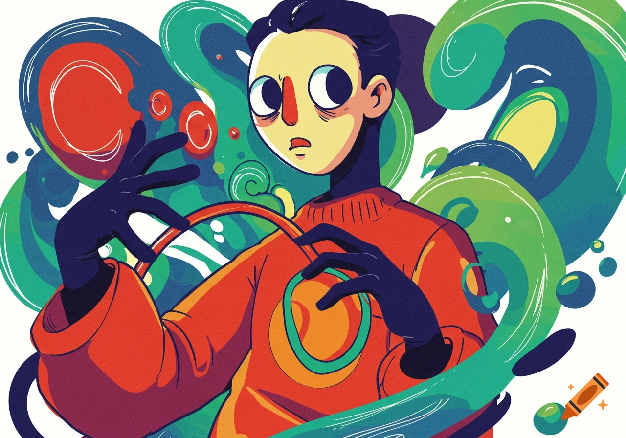 Illustration of a stylized person with large eyes and an orange sweater, surrounded by colorful abstract shapes and textures.