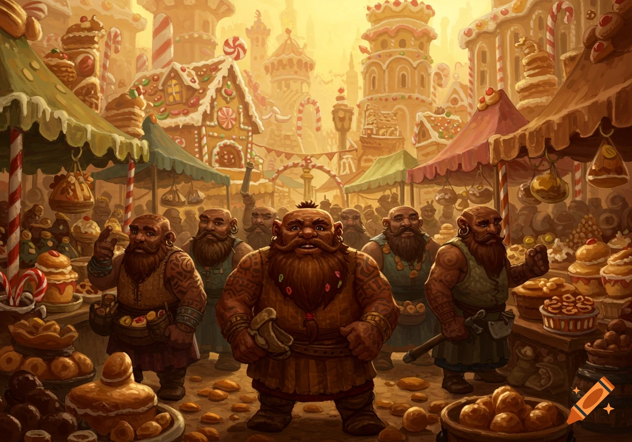 Dwarves stand in a bustling marketplace made of gingerbread and candy, surrounded by sweets and pastries.