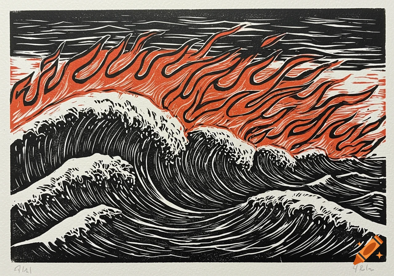 Linocut illustration of crashing waves with fire coming from the top