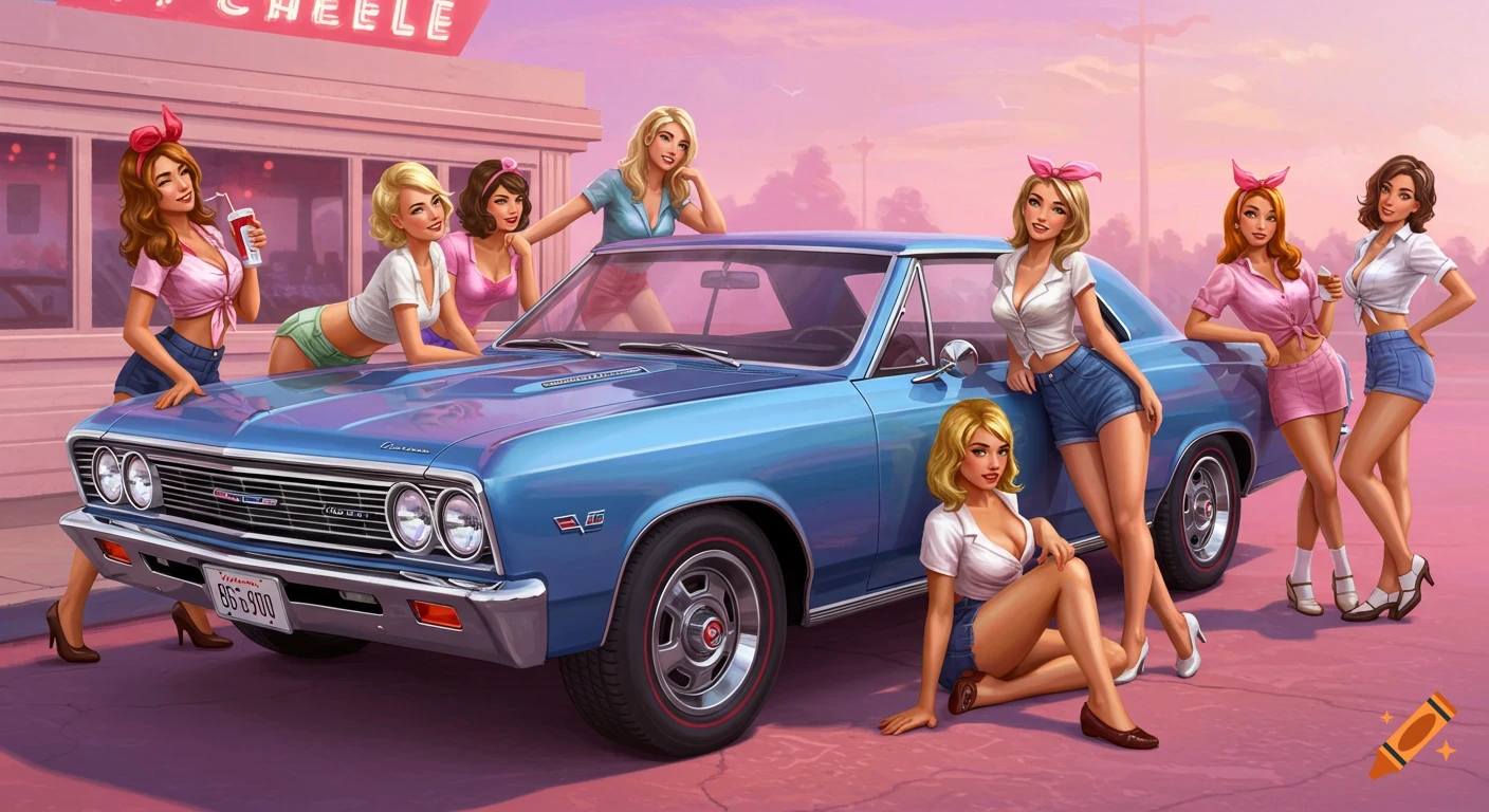 Illustration of several women in retro outfits posing around a blue classic car at a diner at sunset.
