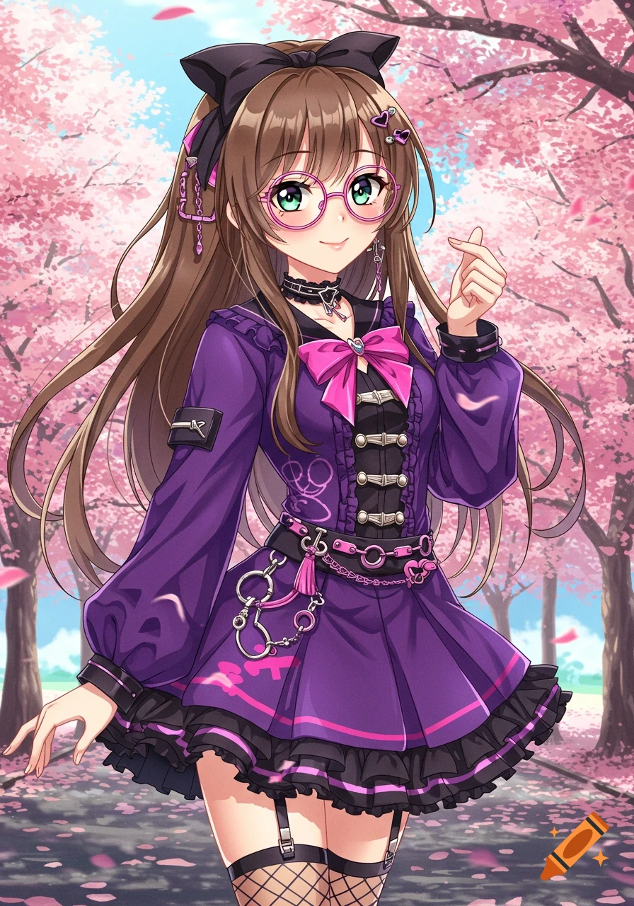Anime girl in purple outfit and glasses making a hand heart gesture in a cherry blossom park.