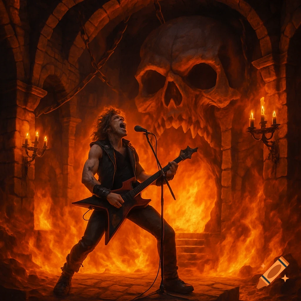 A heavy metal guitarist performs in a firelit dungeon with a giant skull in the background.