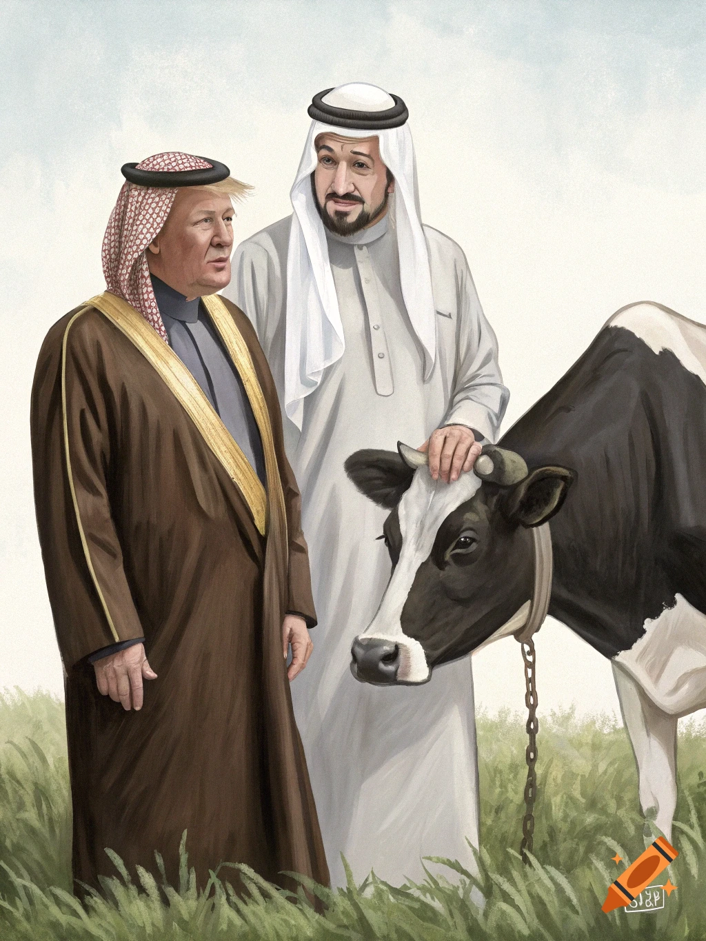 Painting of two men resembling Donald Trump and Elon Musk in traditional attire standing next to a cow in a field.