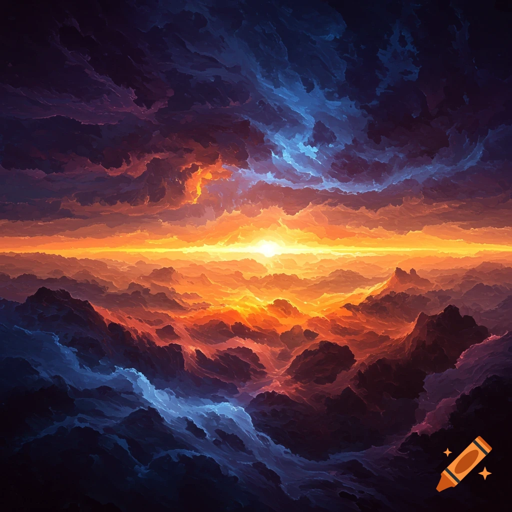 An abstract landscape with fiery orange and yellow clouds over dark, textured hills or clouds below.