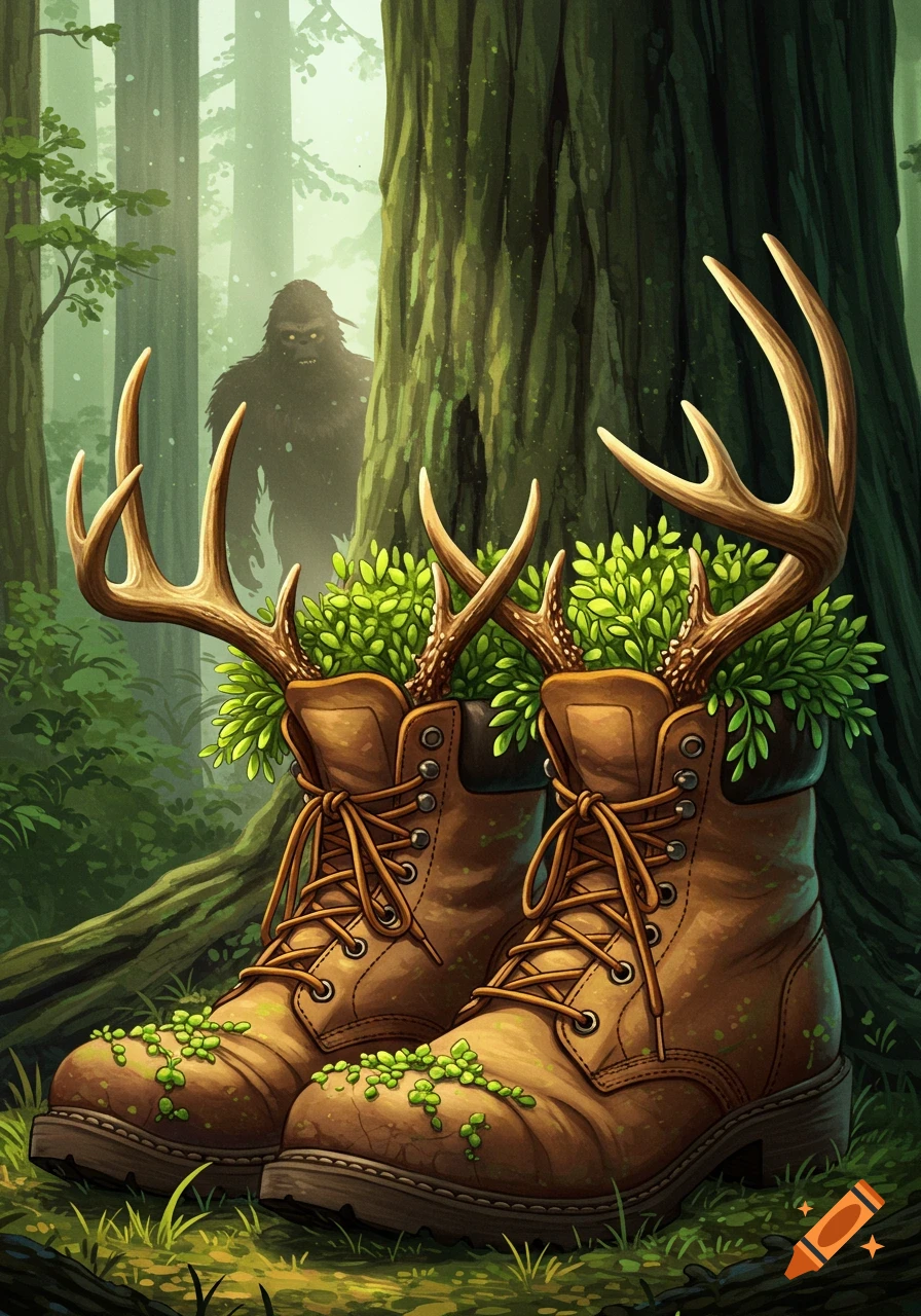Illustration of hiking boots with deer antlers and greenery, with Bigfoot hidden in a foggy forest background.
