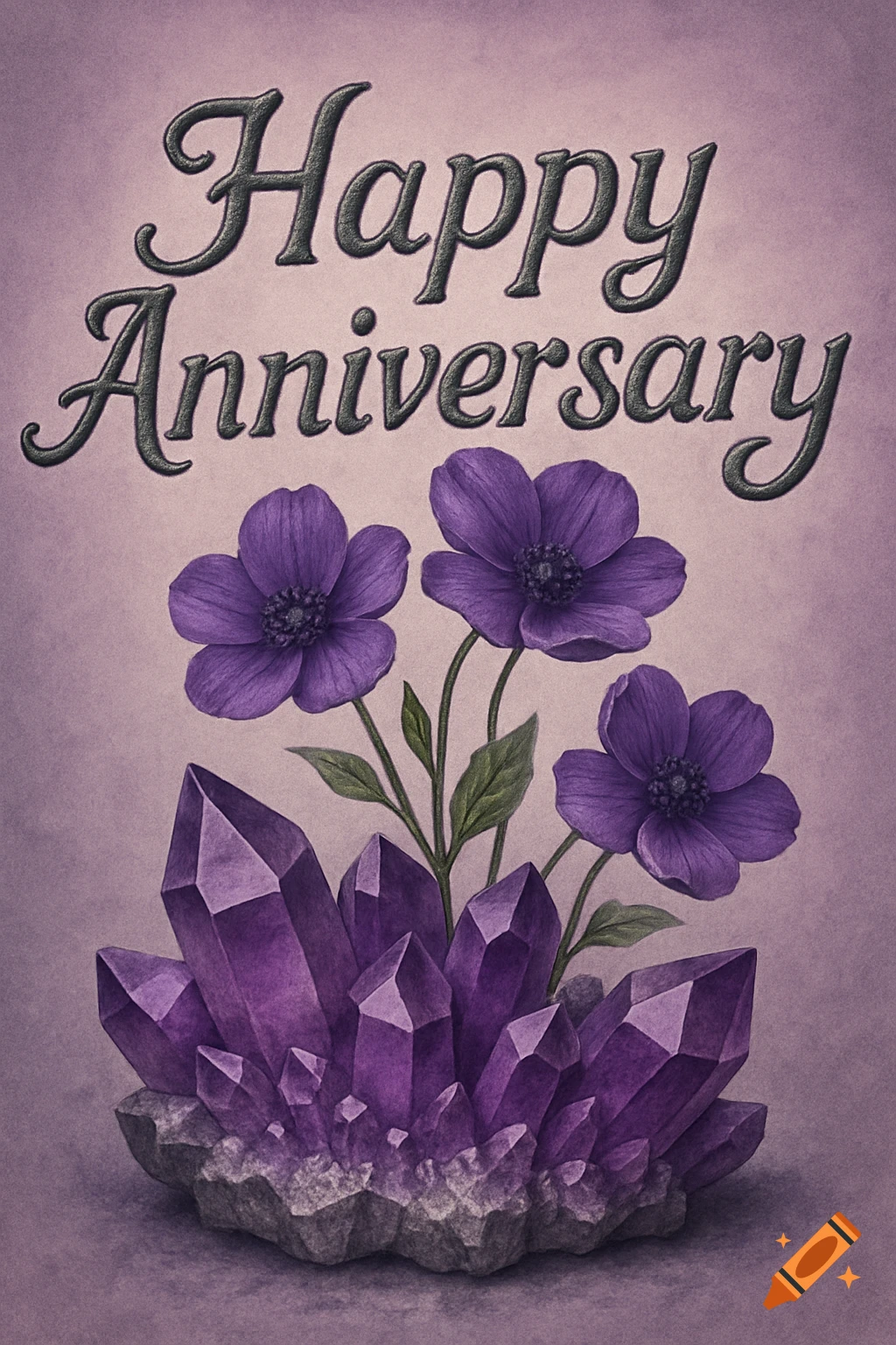 Illustration of purple flowers growing from amethyst crystals with 'Happy Anniversary' text.