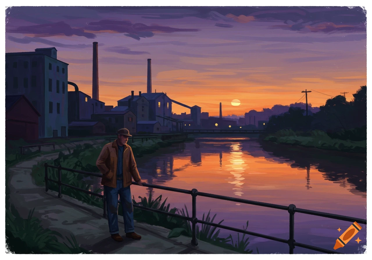 A person stands by a river looking at a factory at sunset, painted in the style of Edward Hopper.