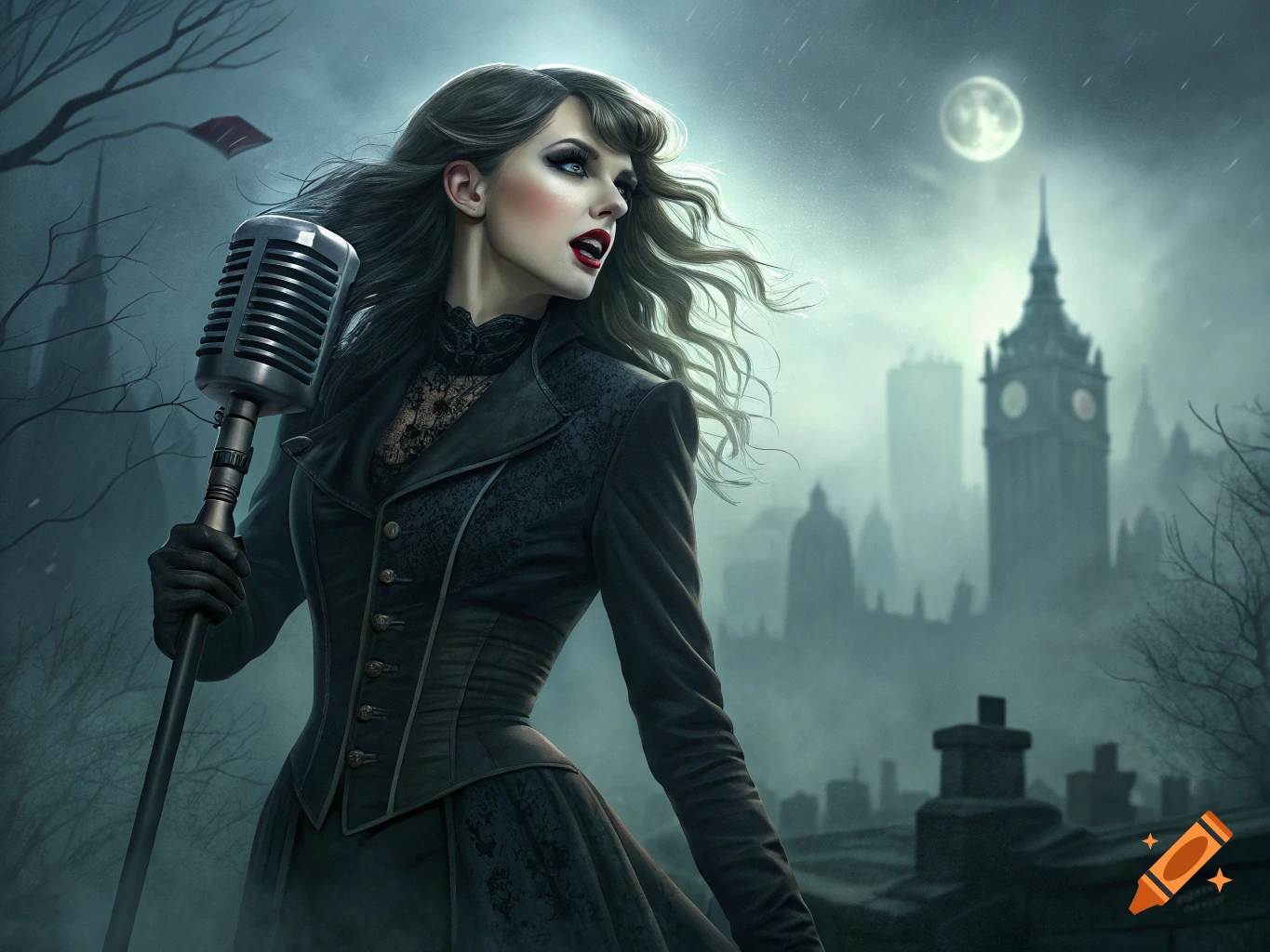 Gothic woman holds microphone in foggy city with Big Ben in background under a full moon.