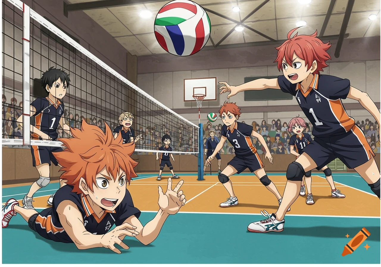 Anime characters playing volleyball in a gym during a match.
