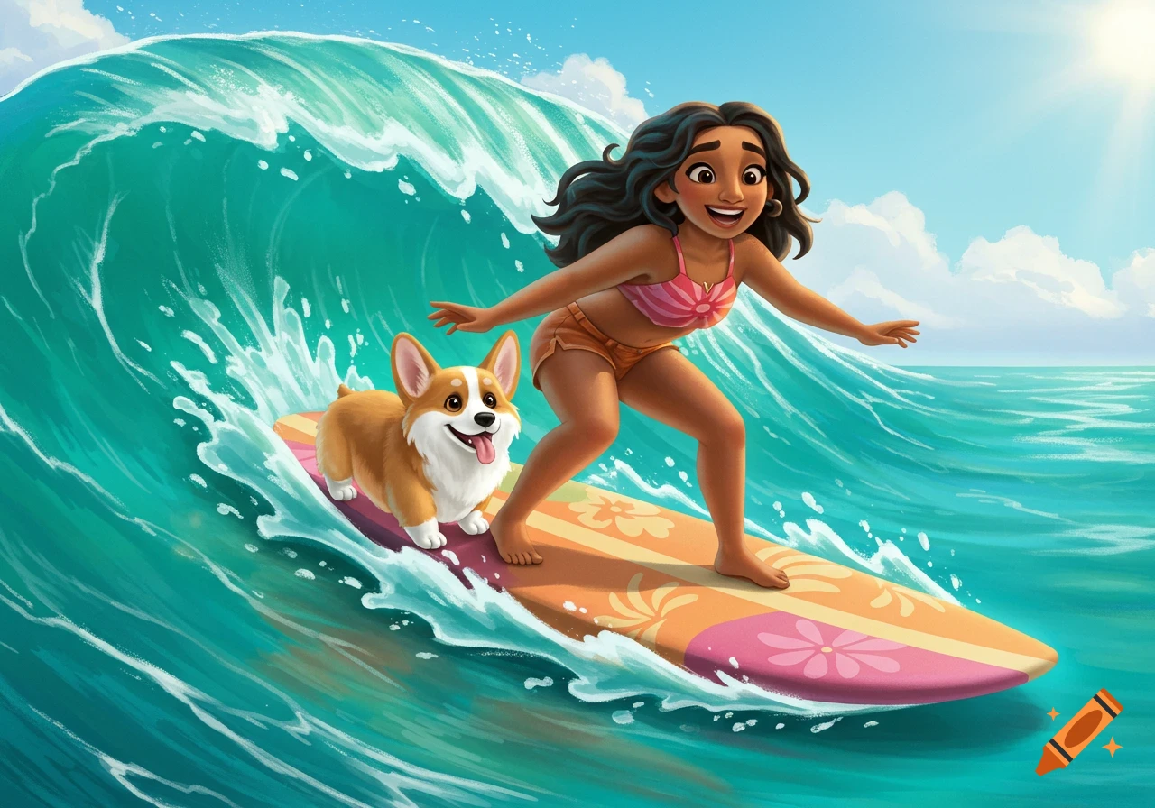 A cartoon woman and a corgi surf a wave in the ocean.