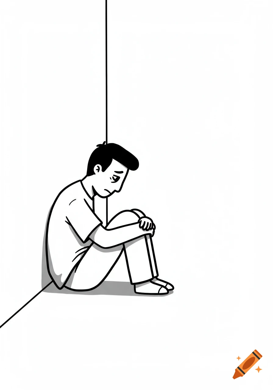 A black and white cartoon illustration of a sad man sitting in a corner.