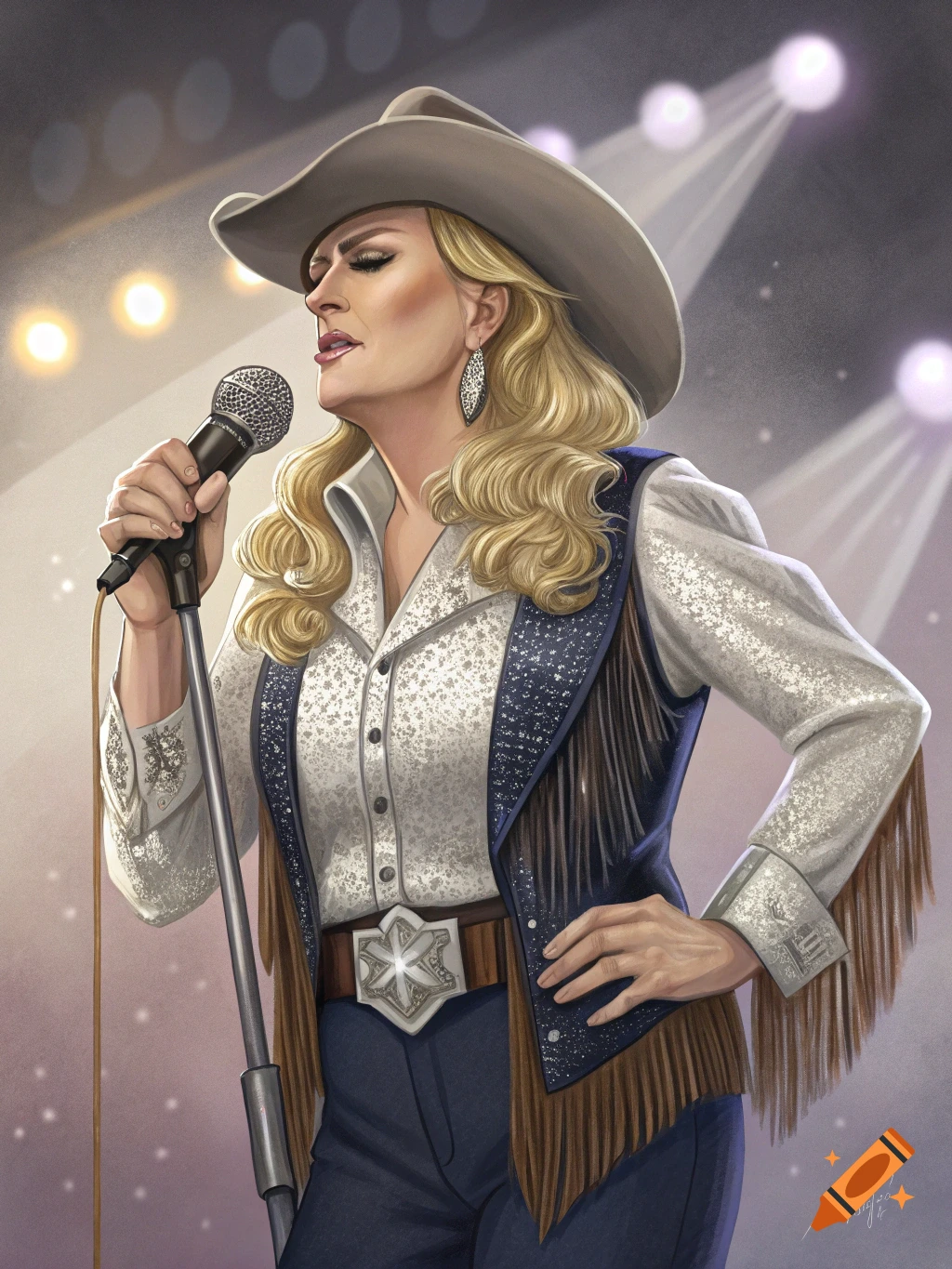 Illustration of a female country singer in a cowboy hat and sequined vest, singing into a microphone onstage.
