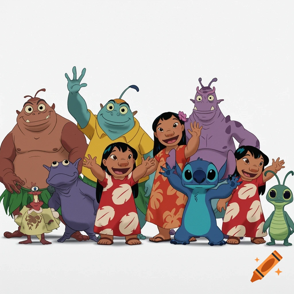 A group of Lilo & Stitch characters including Lilo, Stitch, Jumba, and Pleakley wave goodbye against a white background.