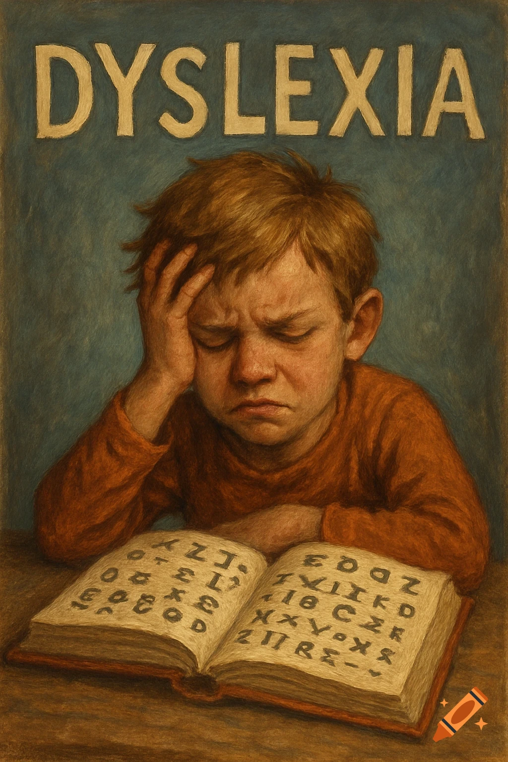 Illustration of a boy struggling to read a book with symbols and letters, word DYSLEXIA above