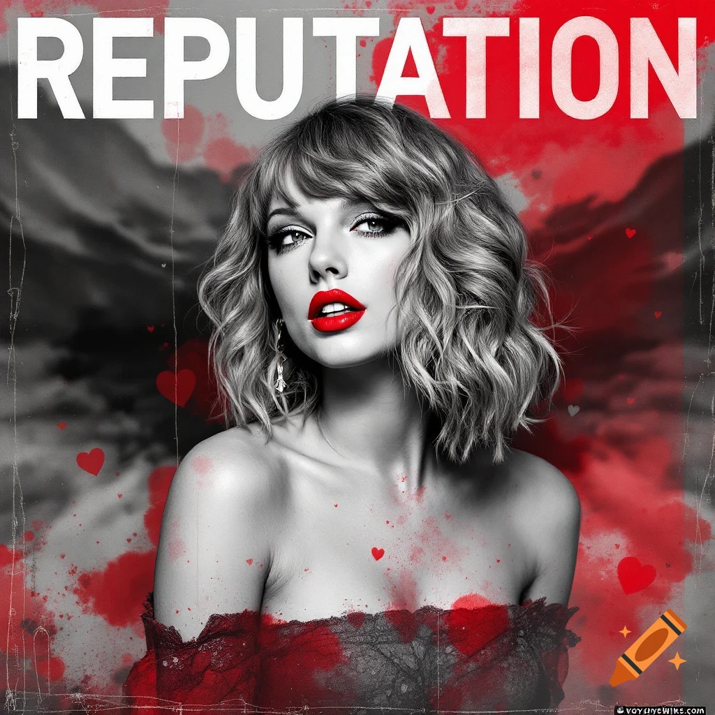 Black and white portrait of a woman with red lips and hearts, with REPUTATION text at the top.