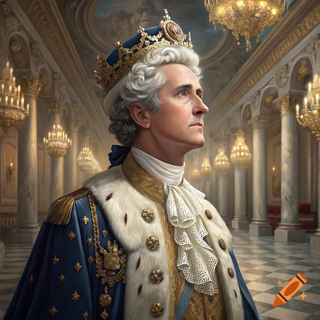 Portrait of a man in a crown and regal robes in a palace.