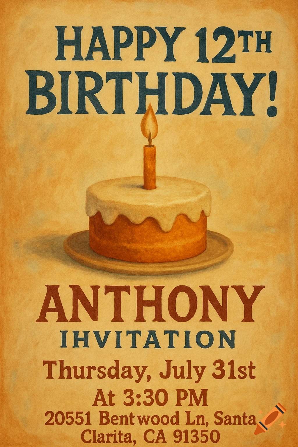 Vintage-style 12th birthday party invitation with a cake and candle.