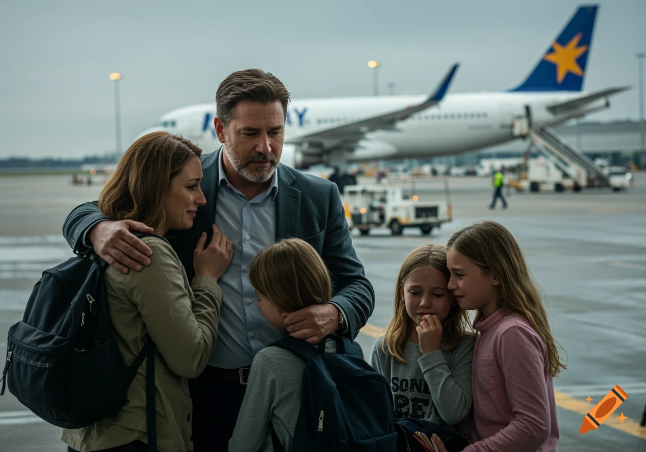 A family embraces tearfully at an airport tarmac with a plane in the background.