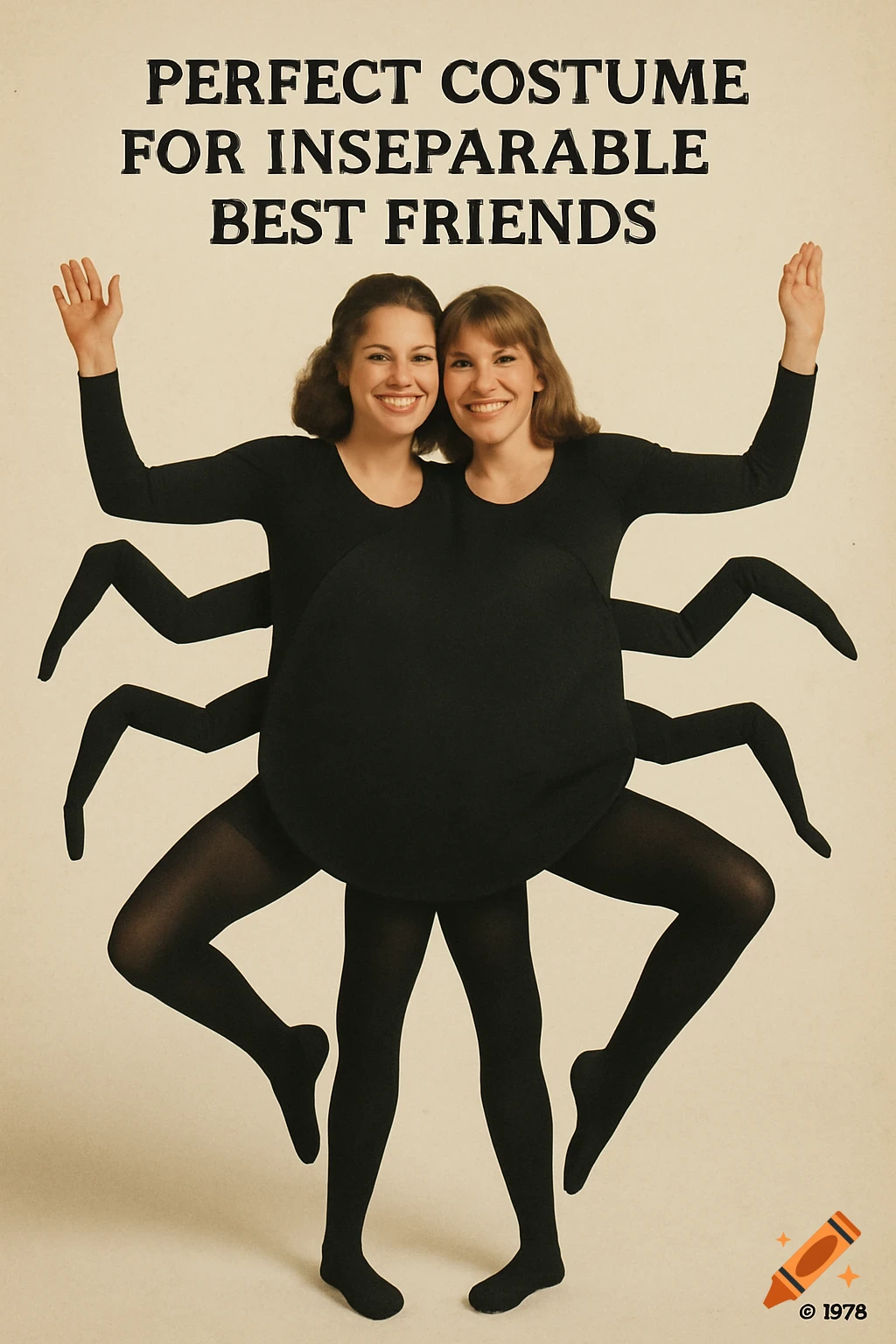Two women in a two-person black spider costume with text "Perfect costume for inseparable best friends", 1978 vintage photo style.