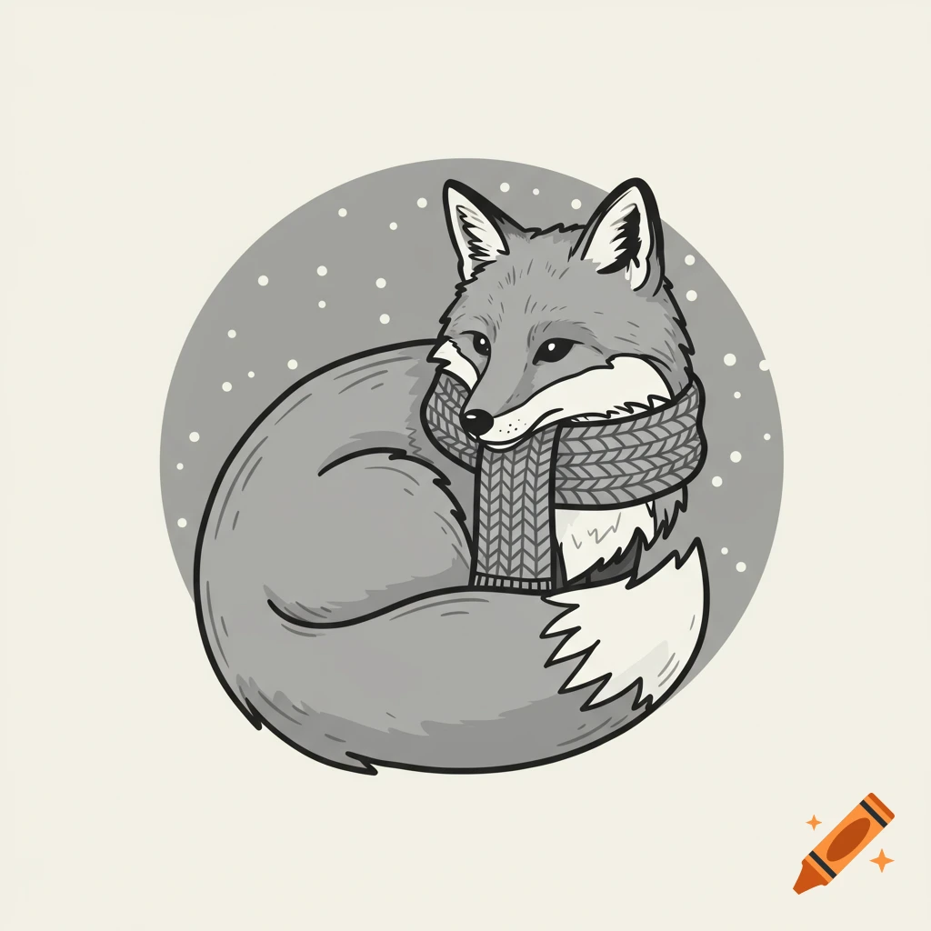 A gray, stylized illustration of a fox curled up with a patterned scarf.