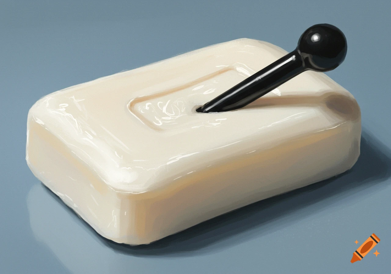 Digital painting of a bar of soap with a black stick embedded in it on a blue surface.