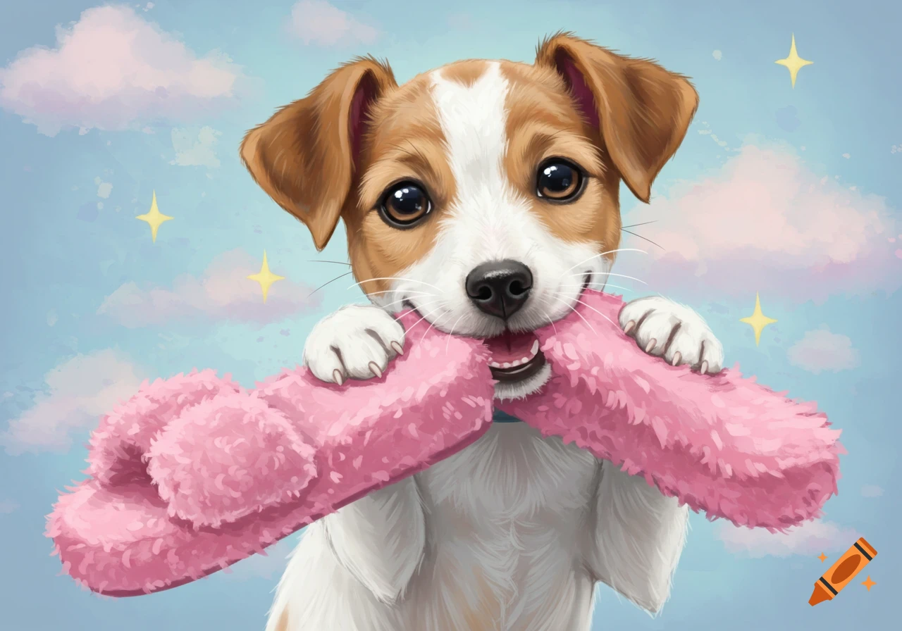 A cute Jack Russell puppy holding a pink fuzzy slipper in its mouth, with stars and clouds in the background, illustration style.