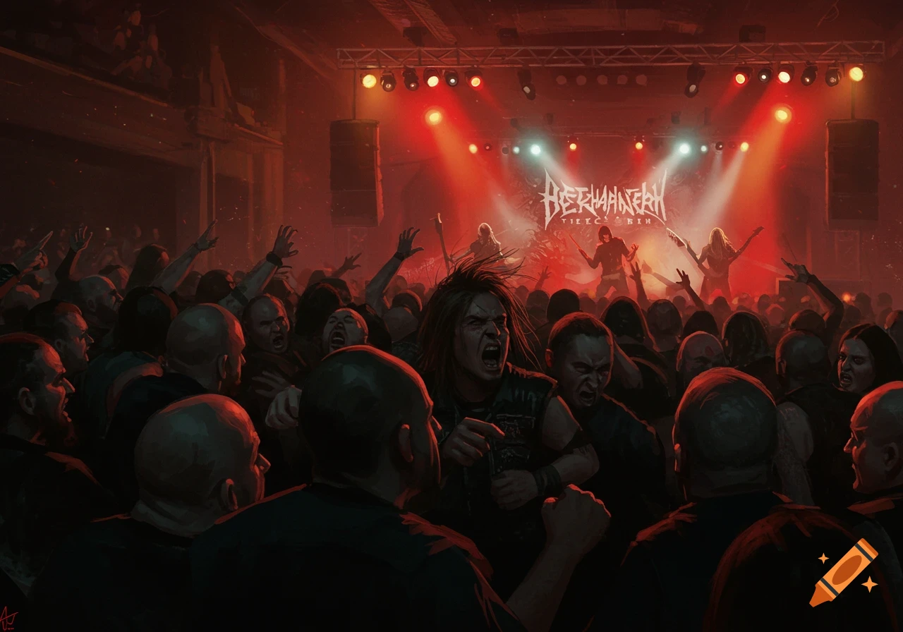 Crowd watches a heavy metal band on stage under red lights