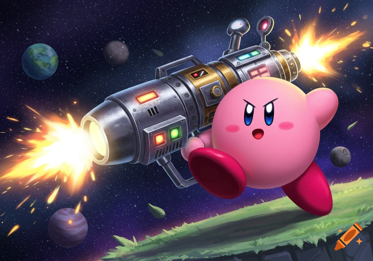 Digital art of Kirby flying in space and firing a large sci-fi rocket launcher.