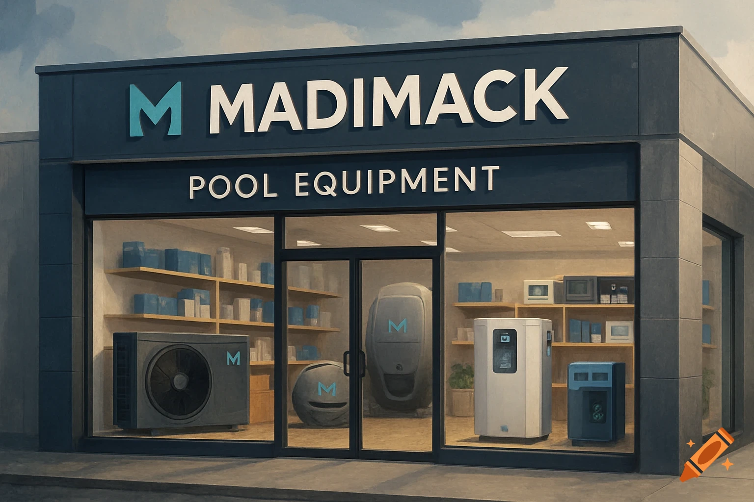 Exterior view of a store called MADIMACK POOL EQUIPMENT, showing items inside.