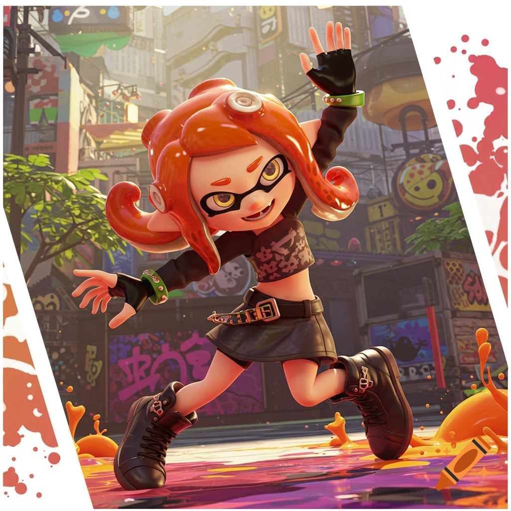 A stylized 3D render of Frye from Splatoon posing dynamically in an urban setting with colorful ink splashes.
